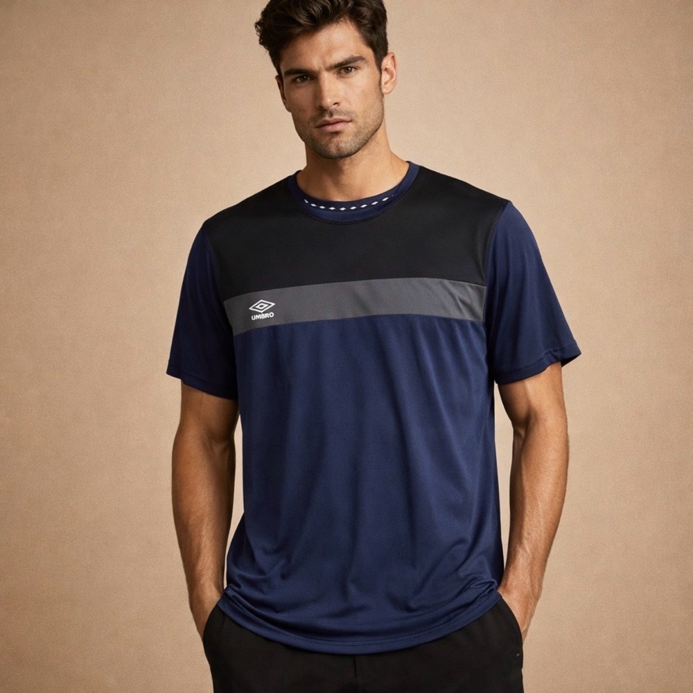 Umbro Men's Blue and Black Short Sleeve Performance Athletic Tee Navy Black 2XL